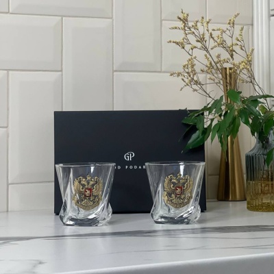 Набор из 2-х бокалов для виски с накладками Герб РФ в черной коробке