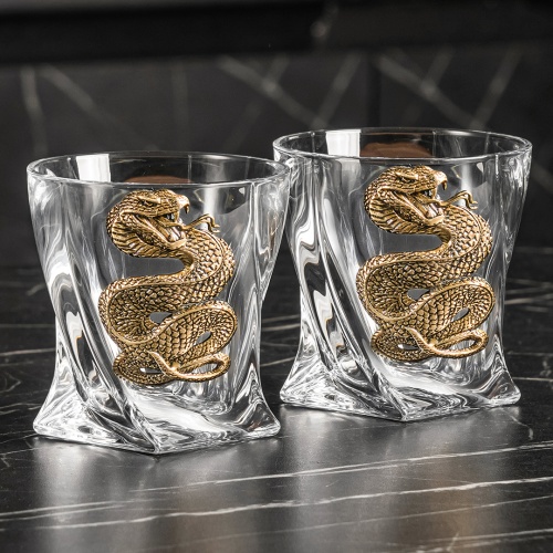 Набор 4 бокала для виски квадро со Штофом накладка "Змея", в коробке из дизайнерского картона