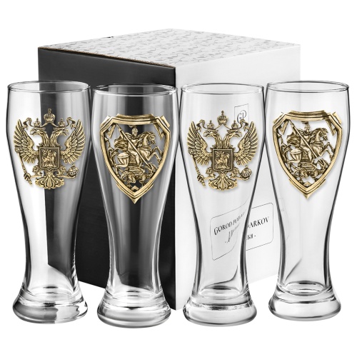 Набор 4 бокала для пива, накл. "Герб РФ и Георгий Победоносец" ВЕЛИКАЯ РОССИЯ ,в ч/б коробке