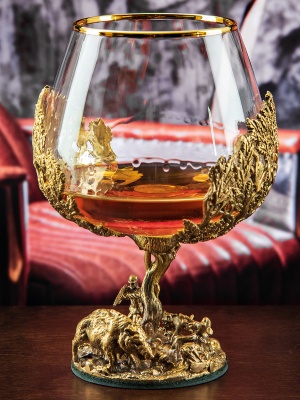 Набор из 6-ти бокалов для коньяка Охота на Кабана 420 мл в деревянной шкатулке  из массива