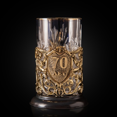 Подстаканник ручной работы С Юбилеем 70 лет в черной подарочной упаковке