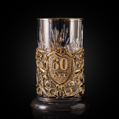 Подстаканник ручной работы С Юбилеем 60 лет в черной подарочной упаковке