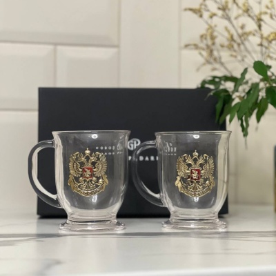Набор для глинтвейна: 2 чашки с накладками Герб РФ с эмалью в черной коробке