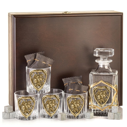 Набор 4 бокала для виски со Штофом накладка "Георгий Победоносец", в шкатулке из массива