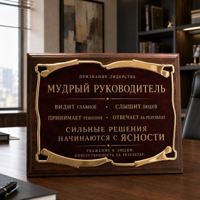 Плакетка подарочная Мудрый руководитель. Признание личности в черной коробке