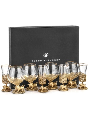 Набор 4 бокала для коньяка и 4 лафитника "Бык", в коробке из дизайнерского картона