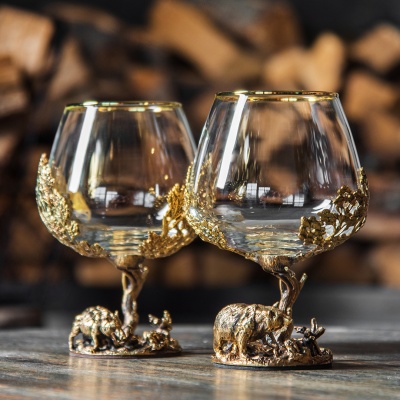 Набор 2 бокала для коньяка (Р) "Кабан +Медведь ", в черной  подарочной упаковке