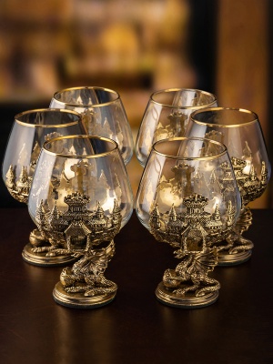 Набор из 6-ти бокалов для коньяка Дракон на шаре 420 мл в деревянной шкатулке из массива