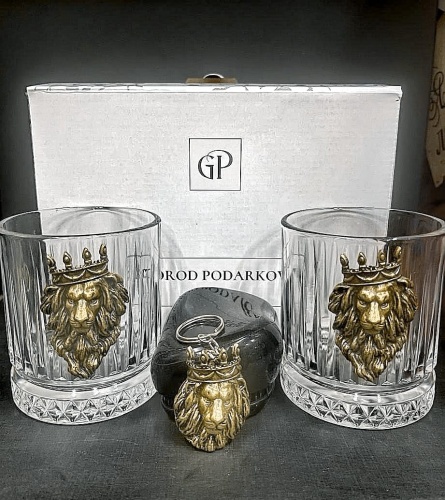 Набор из 2-х бокалов Элизия с накладкой Лев в короне, брелок лев в короне, ч/б коробка