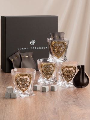 Набор 4 бокала для виски "Квадро", накл. "Георгий Победоносец",камни,мешки,черн.коробка