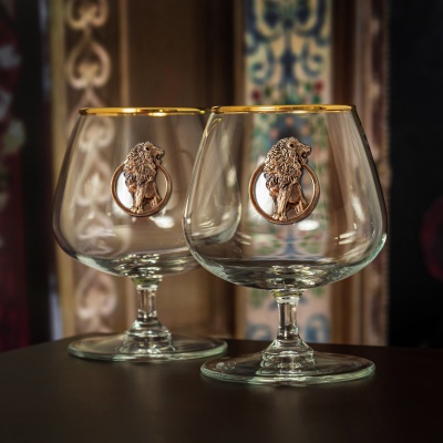 Набор 2 бокала для коньяка  с накл."Лев" в черной подарочной коробке