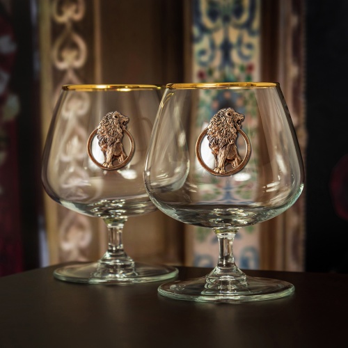 Набор 2 бокала для коньяка  с накл."Лев" в черной подарочной коробке