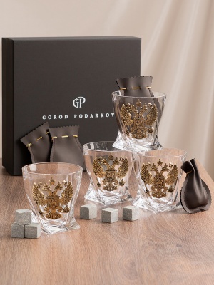Набор 4 бокала для виски "Квадро", накл. "Большой герб России",камни,мешки,черн.коробка