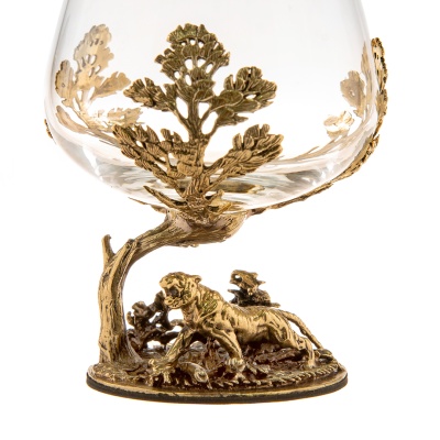 Набор из двух бокалов для коньяка Денежный Бык и Тигр 310 мл в деревянной шкатулке