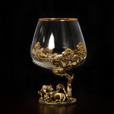 Набор 2 бокала для коньяка "Волки", в шкатулке из массива