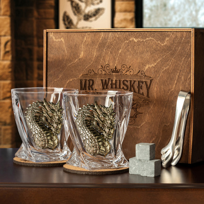 Набор 2 бокала для виски "Квадро", накладка "Дракон-2",мешки,камни,щипцы,костеры,упак.Mr Whyskey