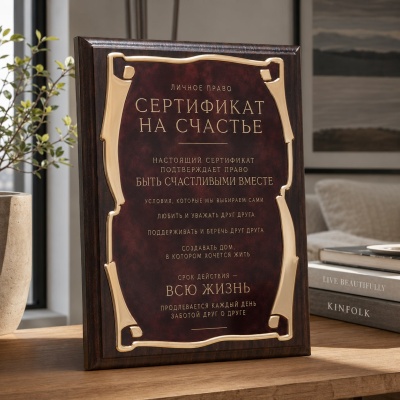 Плакетка наградная Сертификат на счастье. Личное право в черной коробке