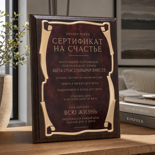 Плакетка наградная Сертификат на счастье. Личное право в черной коробке