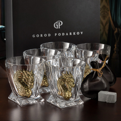 Набор 6 бокалов для виски "Квадро",накладка "Дракон 1 и 2",мешки,камни, в черной подарочной коробке