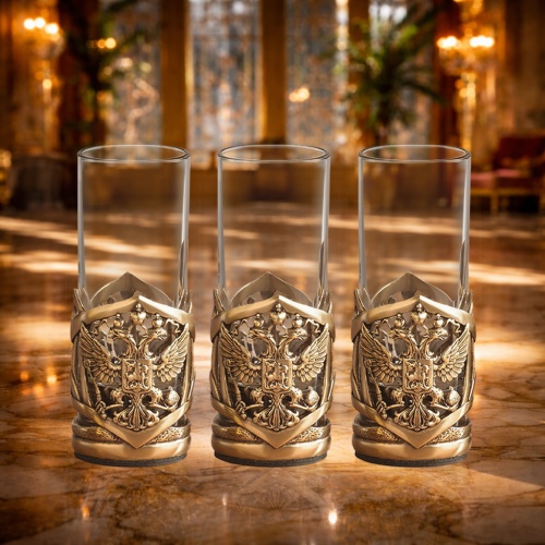 Набор из 3-х стопок-патронов Герб РФ в черной подарочной коробке с печатью Герб Великая Россия