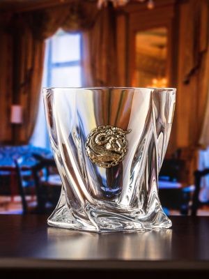 Набор из 2х бокалов для виски Квадро с накладкой "Телец", упаковка Mr Whiskey, ложемент коричневый атлас