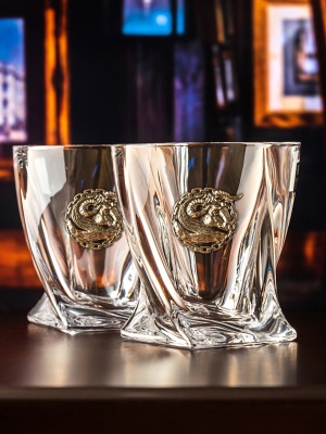 Набор из 2х бокалов для виски Квадро с накладкой "Телец", упаковка Mr Whiskey, ложемент коричневый атлас
