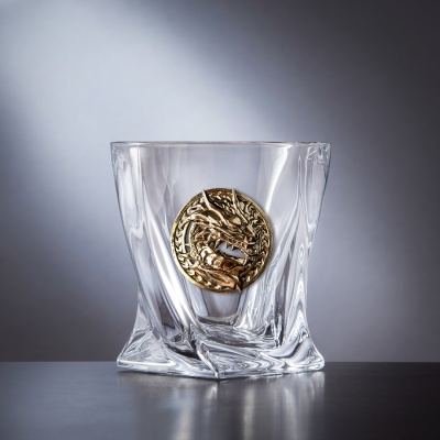 Набор 6 бокалов для виски "Квадро",накл."Дракон 3",мешки,камни, в черн.подарочн.коробке ключница