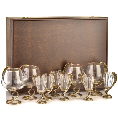 Набор 4 бокала для коньяка и 6 лафитников "Змея", в шкатулке из массива