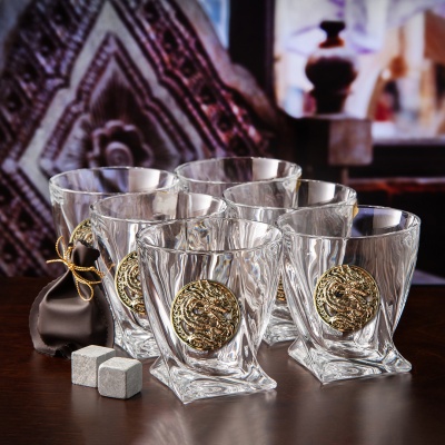 Набор 6 бокалов для виски "Квадро",накл."Дракон 4",мешки,камни, в черн.подарочн.коробке ключница