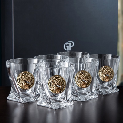 Набор 6 бокалов для виски "Квадро",накл."Дракон 3",мешки,камни, в черн.подарочн.коробке ключница