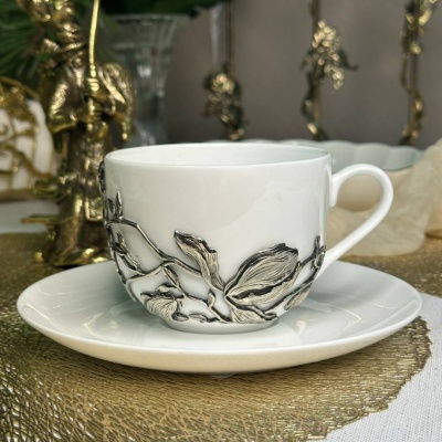 Чайная пара Магнолия нейзильбер в черной подарочной коробке