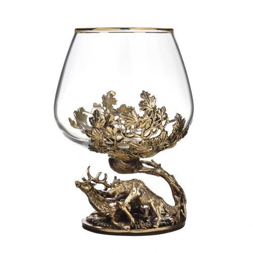 Бокал для коньяка Охота на Оленя 420 мл в деревянной шкатулке
