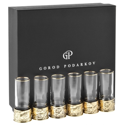 Набор из 6-ти стопок Патрон Тигр, Медведь, Буйвол с латунным основанием в подарочной коробке