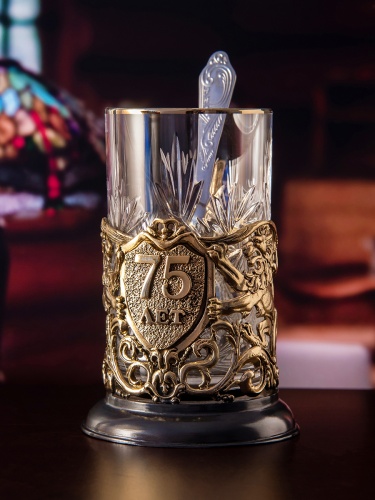 Подстаканник ручной работы С Юбилеем 75 лет в черной подарочной упаковке