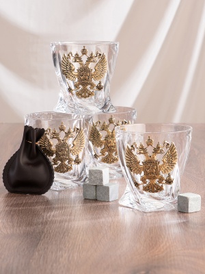 Набор 4 бокала для виски "Квадро", накл. "Большой герб России",камни,мешки,черн.коробка