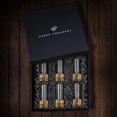 Набор из 6-ти стопок Патрон Лев, Кабан, Орел с латунным основанием в подарочной коробке