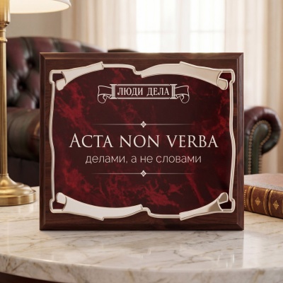 Плакетка Люди дела Делами, а не словами в черной подарочной коробке с печатью