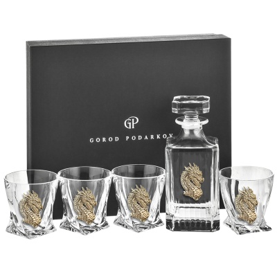 Набор Штоф "Таймлесс",4 бокала для виски "Квадро",накл. "Дракон-1", черн.под.уп.ключница
