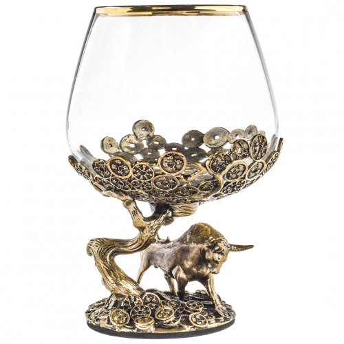 Бокал для коньяка ручной работы  "Денежный Бык" 310 мл в подарочной коробке
