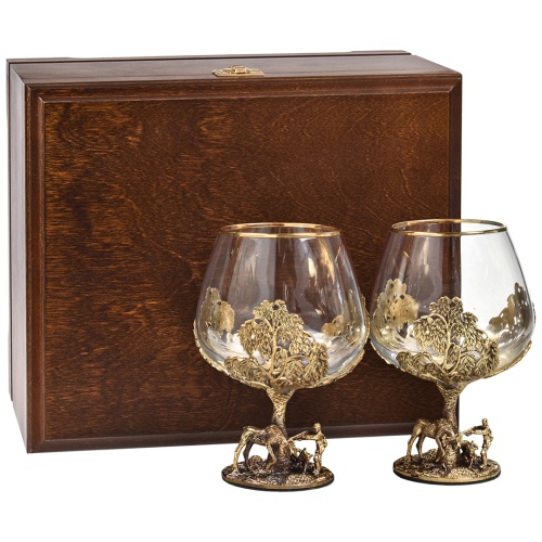 Набор 2 бокала для коньяка "Охота на Лося", в шкатулке из массива