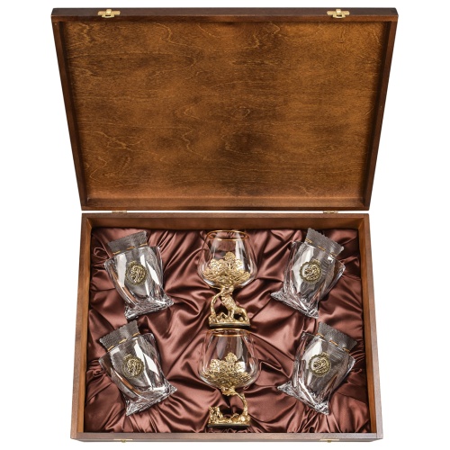 Набор 2 бокала для коньяка и 4 бокала для виски "Лев и Львица", в шкатулке из массива