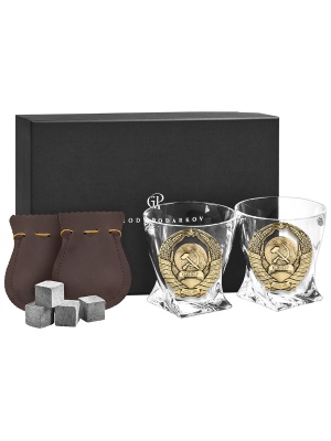 Набор 2 бокала для виски "Квадро", накл."Герб СССР",камни,мешки,в черной коробке