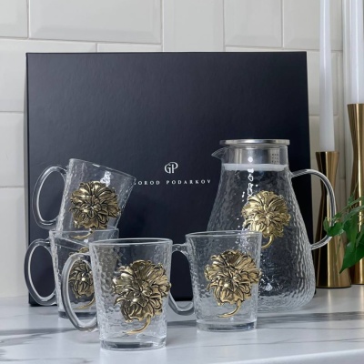 Чайный набор Цветочная коллекция. Пионы: чайник , 4 кружки с накладками Пион в черной коробке