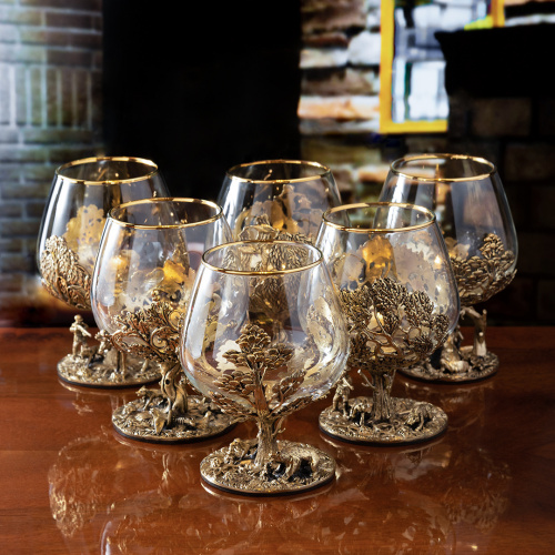 Набор из 6-ти бокалов для коньяка Охота на Кабана 420 мл в деревянной шкатулке  из массива