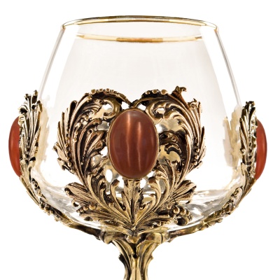 Набор 2 бокала для коньяка с камнем "Кошачий глаз", в шкатулке из массива