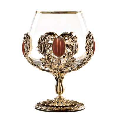 Набор 2 бокала для коньяка с камнем "Кошачий глаз", в шкатулке из массива