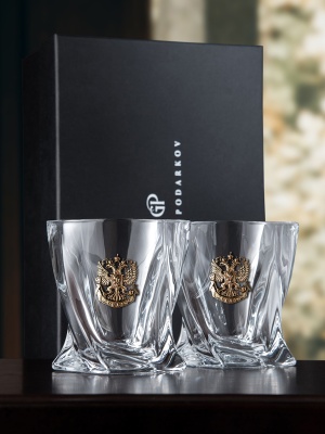 Набор 2 бокала для виски "Квадро",накл. "Герб РФ",латунь,камни,мешки,черн.под.кор.