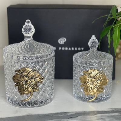 Набор Пионы: две шкатулки большая и малая с накладками Пион в черной подарочной коробке