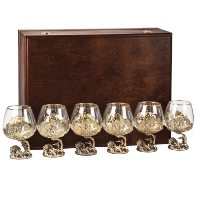 Набор из 6-ти бокалов для коньяка Охота на Кабана 420 мл в деревянной шкатулке  из массива