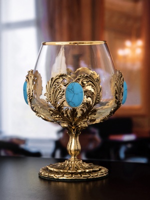 Бокал для коньяка Классик с искусственным камнем "Бирюза" 420 мл в деревянной шкатулке